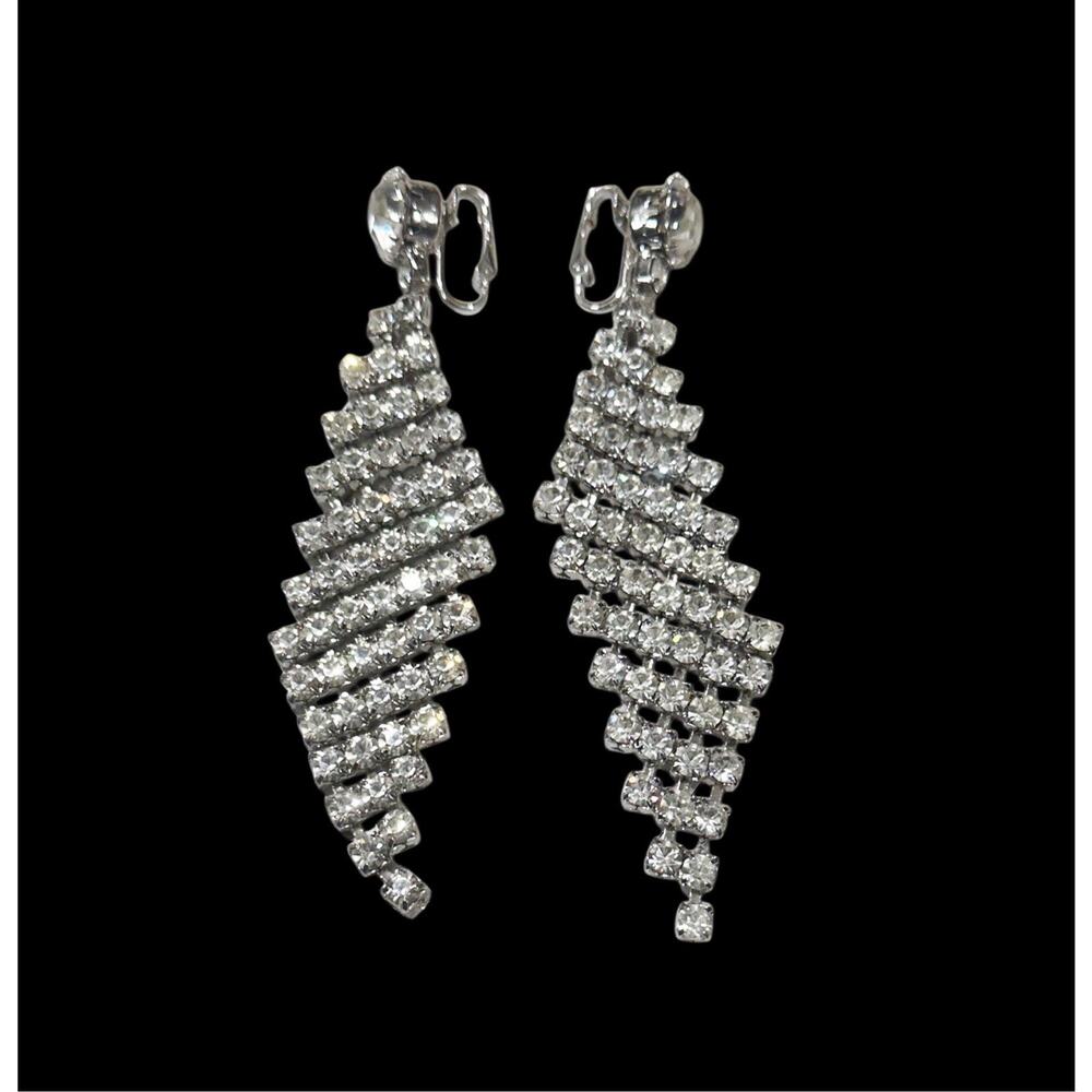 Vintage Rhinestone Waterfall Clip On Earrings Silver Tone Crystal Dangle